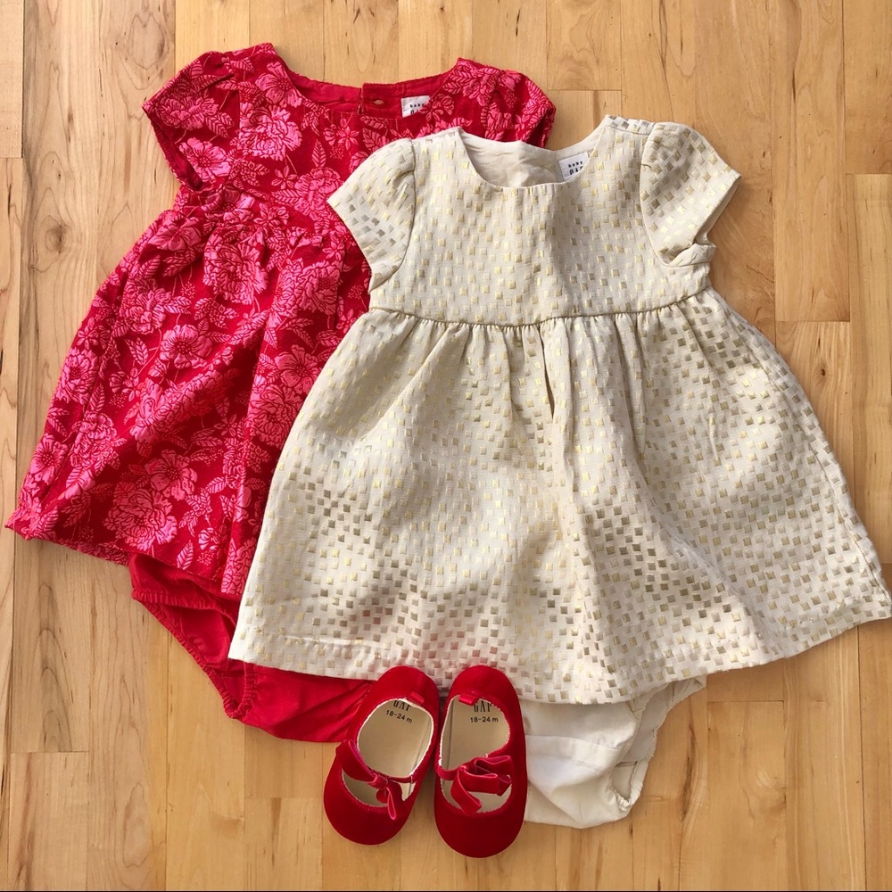 Two 12-18 month party dresses and shoes